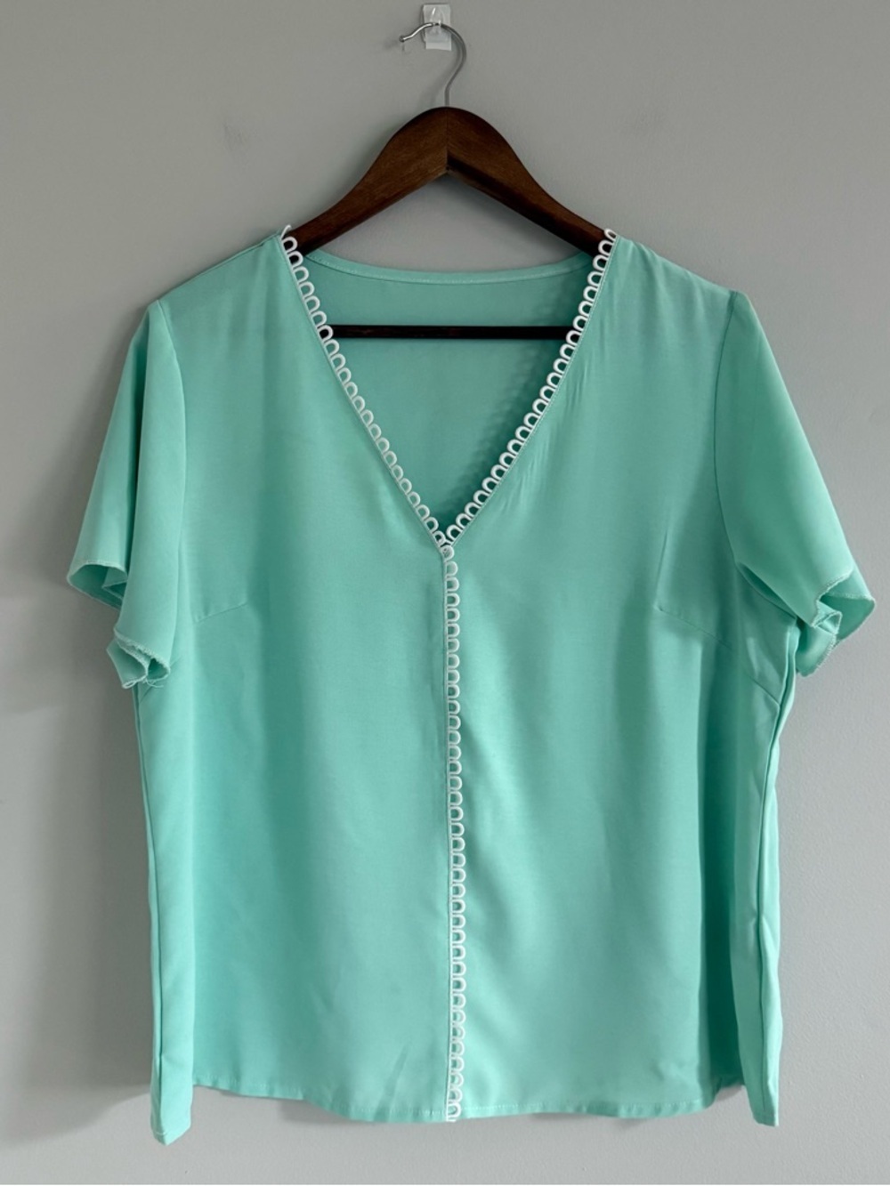 V-Neck Mint Short Sleeve Blouse with Loop Trim - Picture 2 of 10